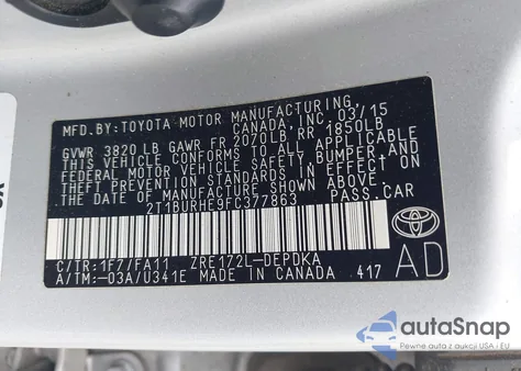 2015 Toyota Corolla L из США, поврежденный, VIN 2T1BURHE9FC377863